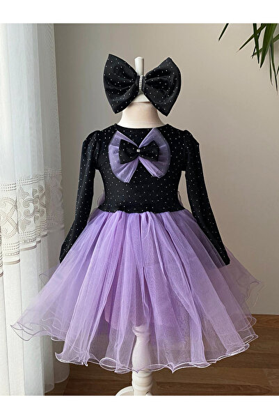 BerrinceTasarım Siyah Kadife Taşlı Tül Etekli Uzun Kollu Kurdele Süslü Kız Çocuk Elbise Kuromi Yılbaşı Elbisesi