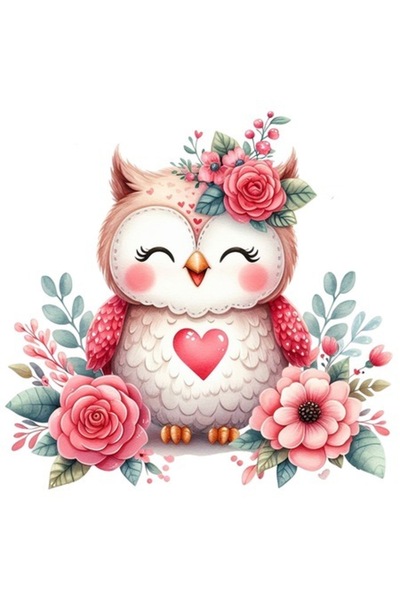OEM Autocolant drăguț cu bufniță, ilustrație, flori, roz, inimă, dragoste, bu...