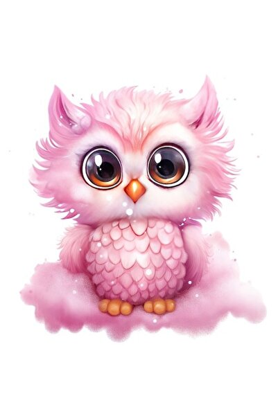 OEM Sticker with small pink owl illustration on a cloud, white border, PVC vi...