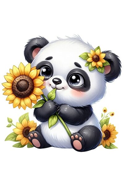 OEM Autocolant cu panda înroșit – ilustrație cu flori și floarea-soarelui, bo...