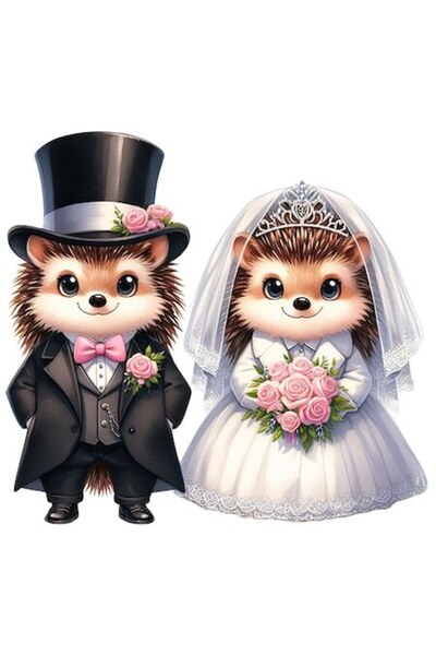 OEM Autocolant - Doi arici la o nuntă, ilustrație cuplu, bordură albă, vinil ...