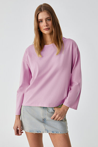 GRIMELANGE Basil women's Oversized 100% organic cotton knitted long sleeve pink t-shirt