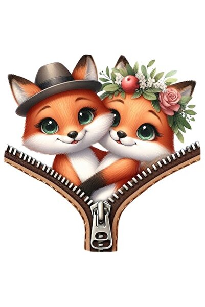 OEM Стикер с илюстрация на 2 лисици, бяла рамка, PVC винил, 28 см