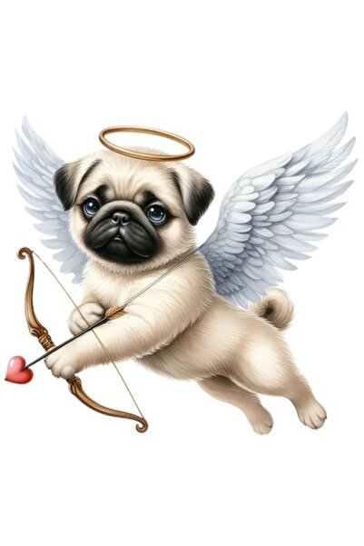 OEM Autocolant câine mops — ilustrație Cupidon, bordură albă, vinil PVC 10 cm