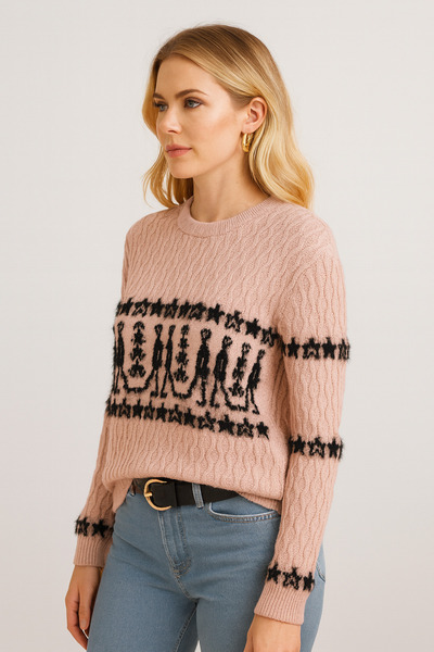Minora Minoralady Women's Nordic Figure Pattern Knitwear Bearded Sweater Pink