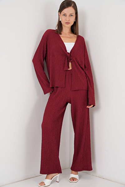 Hiccup Bdart Textured V-Neck Long Sleeve Blouse & Flare Pants Set