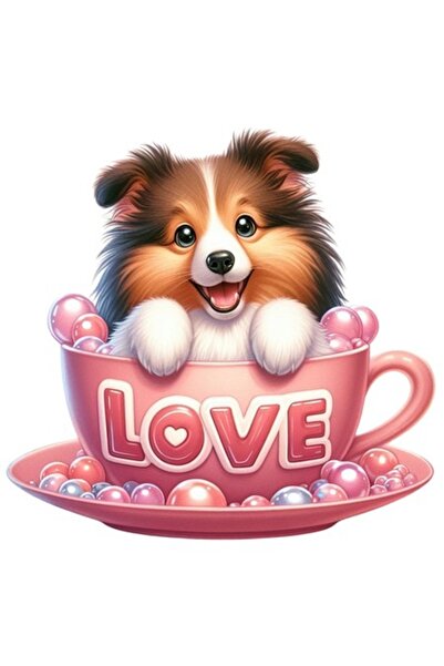 OEM Sticker with a puppy sitting in a cup - "Love" illustration, pink, PVC vi...