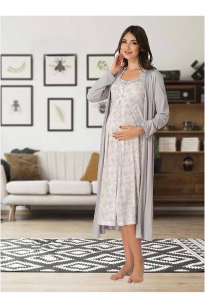 Lohusa Homewear Women's Gray Patterned Short Sleeve Midi Length Maternity Nig...