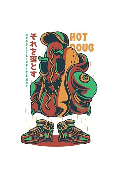 OEM Autocolant cu hot dog cu hanorac și șapcă, „Hot Doug”, vinil PVC, bordură...
