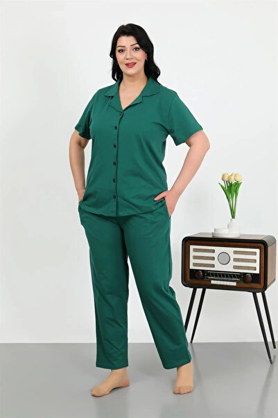 alfa expres Clothing Women's Plus Size Cotton Pocket Buttoned Emeraldgreen Pajama Set