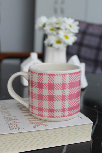 Inspire Ceramic Pink Plaid Printed Mug Cup