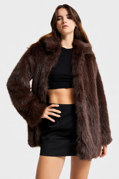 its basic Kadın Kahverengi w5-16 Özel Kumaş Kürk Mont