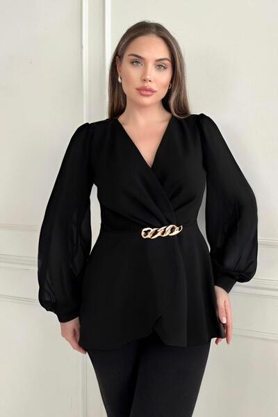 ZISHAN Μπλούζα με αγκράφα με αλυσίδα διπλό πέτο με λαιμόκοψη σιφόν μανίκια μαύρο και καφέ σακάκι 1386