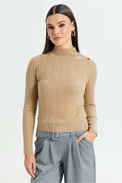 REDTAG Women Beige Embellished Shoulder Button Top