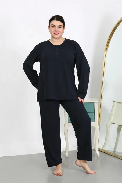 alfa expres Clothing Women's Plus Size Long Sleeve Combed Cotton Pajama Set Navy Blue