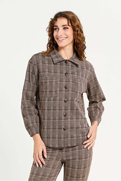 REDTAG Women Brown Check Long Sleeve Shirt