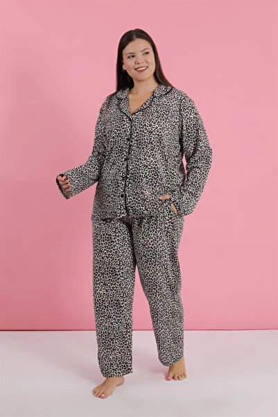 alfa expres Clothing Women's Plus Size Leopard Print Button down Pajama Set