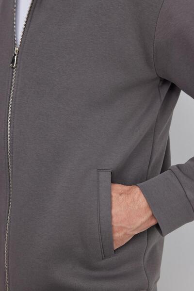 Tudors Unisex Relax Fit Comfortable Cut Cotton Fleece Inside Zippered Gray D Mock Neck Flato Pocketed Sweatshirt Cardigan