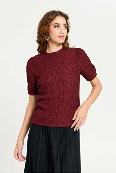 REDTAG Women Burgundy Textured Puff Sleeve Top