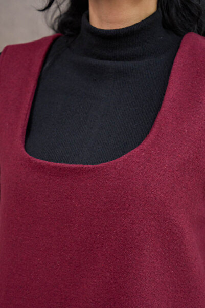 KÜÇÜĞÜM BUTİK Burgundy Color Square Neck Short Cashmere Jile Dress