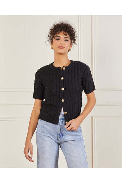 REDTAG Women Black Cable Knit Button Down Top