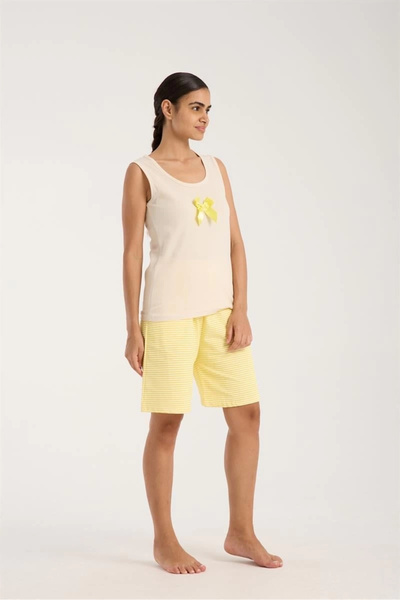 alfa expres Clothing Women's White Ribbon Detailed Yellow Striped Shorts Pajama Set