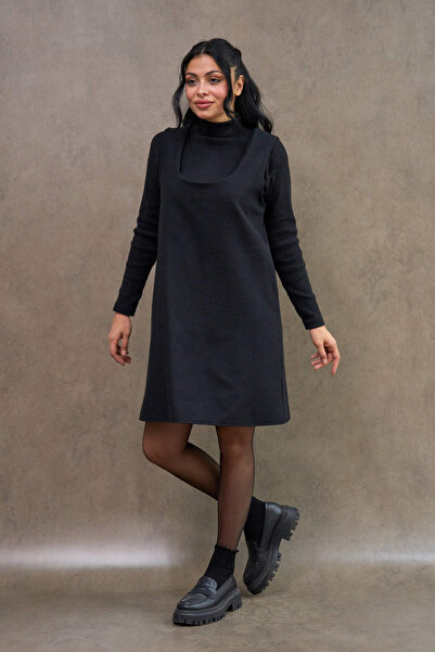KÜÇÜĞÜM BUTİK Black Color Square Neck Short Cashmere Jile Dress
