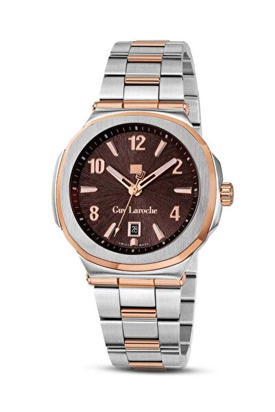 Guy Laroche Charlie 45.5mm Gents Swiss Quartz Watch - Brown Dial, Two-Tone Rose Gold Bracelet