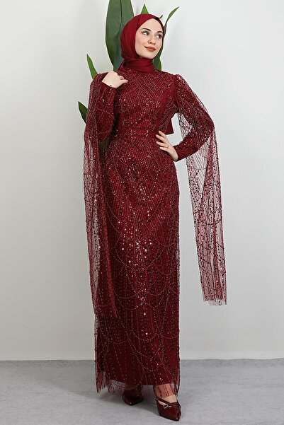 GİYZAMİLA Duru Taşlı Abiye Bordo