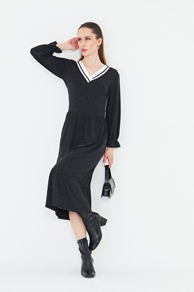 ESPİNA Women's Long Sleeve Knitwear V-Neck Wool Viscose Dress