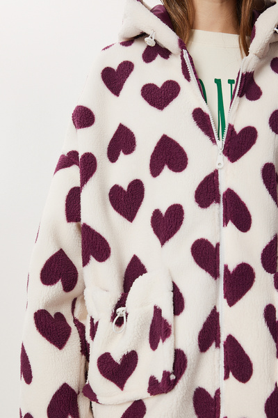 Lovelyİstanbul Плюшено палто с качулка и сърцевиден мотив LRI0005 ЛИЛАВО БЕЖЕ