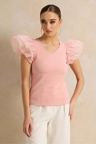 REDTAG Women Pink Top With Organza Ruffle