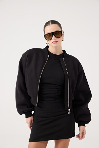 HOLLY LOLLY Crop Cut Shoulder Pad Piece Parker Bomber Jacket Black