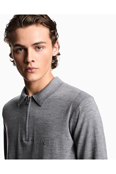 Emporio Armani Men's Cotton Polo Collar Zipper Closure Long Sleeve Gray Sweatshirt Em001512 Af14158-O8005