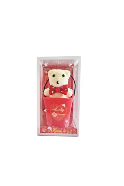 OEM Gift decoration, teddy bear in bucket, Lucky Everlasting, plastic, 10 x 5 cm, red