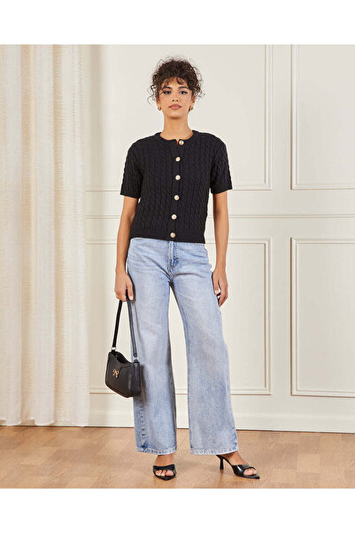 REDTAG Women Black Cable Knit Button Down Top