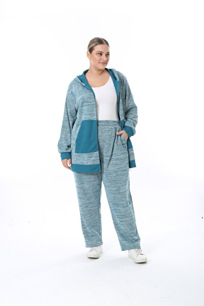 XL Modam Women's Plus Size Selanik Fabric Navy Blue Top and Bottom Set