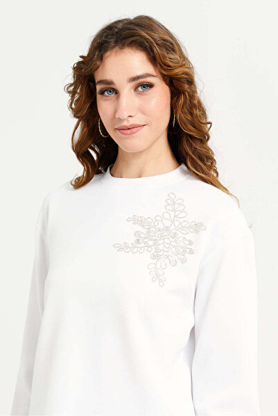REDTAG Women Cream Sequined Motif Sweatshirt