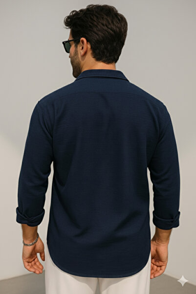 Bürke Літня сорочка з льону з довгими рукавами, темно-синього кольору, оверсайз, чоловіча