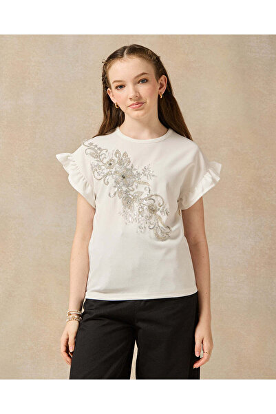 REDTAG Senior Girls White And Silver Embroidered Top