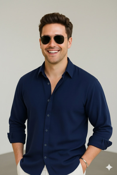 Bürke Літня сорочка з льону з довгими рукавами, темно-синього кольору, оверсайз, чоловіча