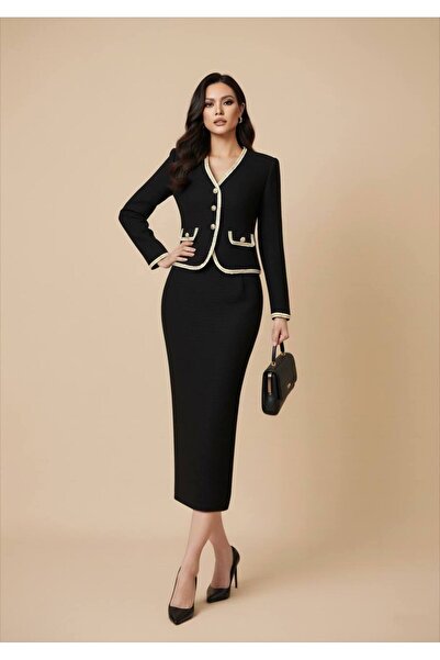 Siseniorita Elegant Women's Tweed Wool Suit, Midi Skirt and Fitted Jacket, with Contrasting Trim