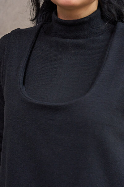 KÜÇÜĞÜM BUTİK Black Color Square Neck Short Cashmere Jile Dress