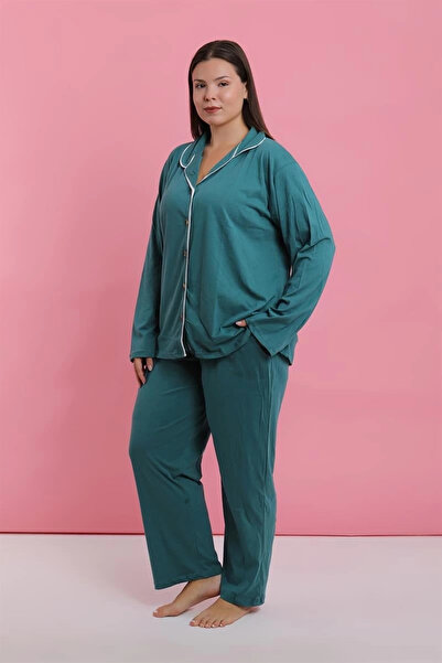 alfa expres Clothing Women's Plus Size Petrol Color Buttoned Pajama Set