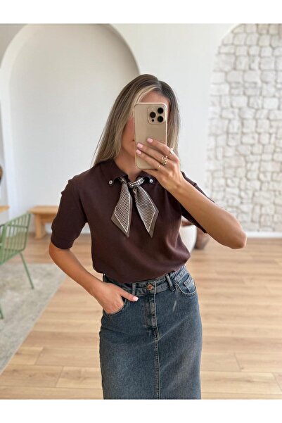 MODAMERSİ Дамски кафяв пуловер с поло яка, къс ръкав и шал