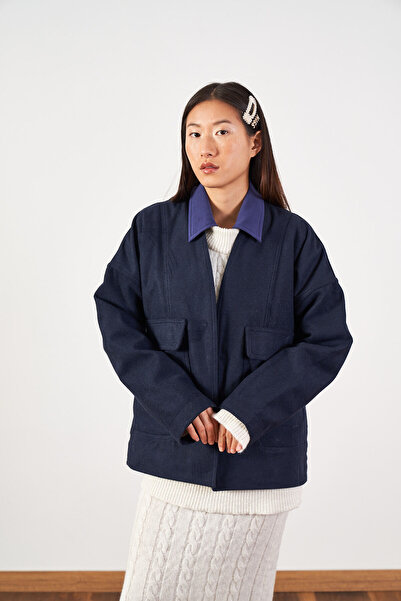 Mevra Palton scurt și subțire, albastru bleumarin