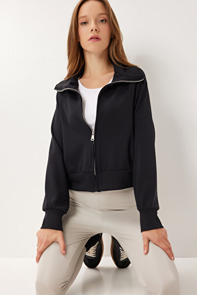 Lovelyİstanbul guler ridicat Modal Swea cu fermoar tricou LUB0308 NEGRU