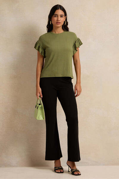 REDTAG Women Green Ruffle Sleeve Top