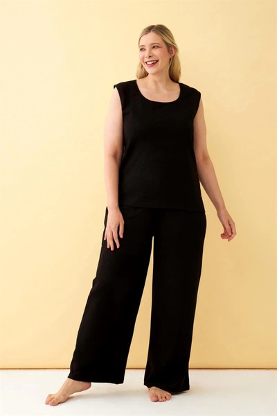 alfa expres Clothing Women's Black Linen Jacquard Plus Size Bottom Top Set