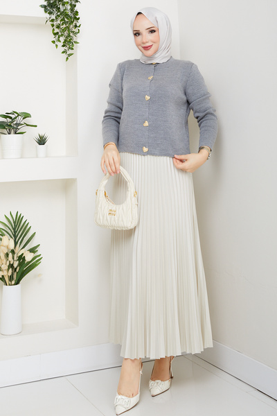 modapark.ist Women's Heart Detailed Cardigan Pleated Skirt Set